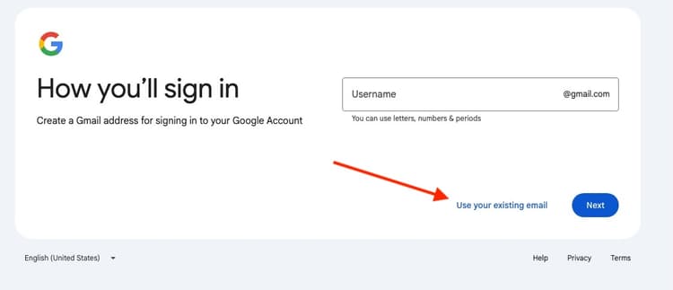 Google's sign-up screen, with an arrow pointing to the 'Use your existing email' link